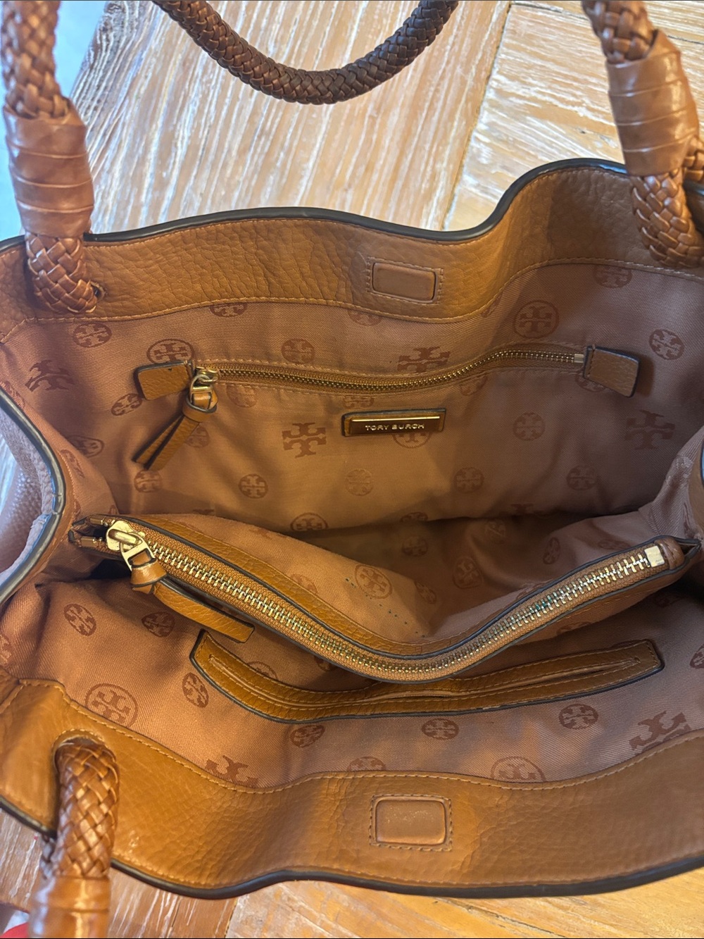 Tory Burch Cognac Braided-Handle Leather Shoulder Bag with Tassel - Picture 5 of 13